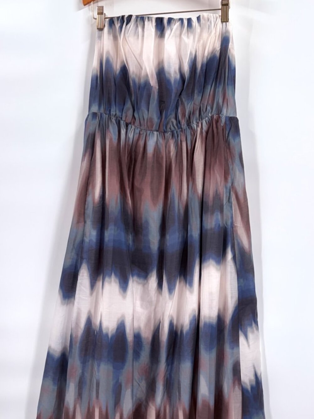 Banana NWT Size 8 Strapless Organza Maxi Dress Blue Abstract Tie Dye Formal Gown